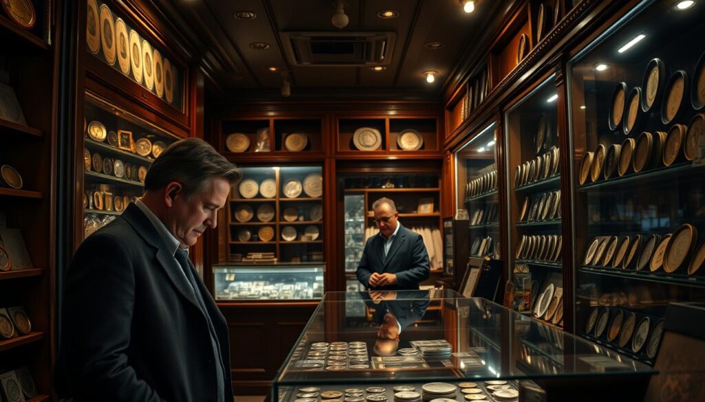 A cozy, dimly lit interior of a rare coin store, with rich wooden shelves lining the walls, showcasing a variety of antique and collectible coins. The storefront features large display windows, allowing passersby to glimpse the treasures within. Warm, soft lighting casts a subtle glow, creating a sense of historical ambiance. In the foreground, a well-dressed collector peruses a display case, carefully examining the rare coins. The middle ground features an experienced coin dealer, ready to assist the customer with their discerning eye. The background is filled with the hushed atmosphere of a specialized establishment, where the thrill of discovery and the appreciation for numismatic history converge.