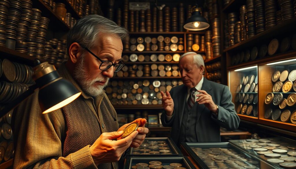 A dimly lit antique shop, filled with towering shelves housing a vast collection of rare and ancient coins. In the foreground, an elderly coin dealer, adorned in a tweed vest and wire-rimmed glasses, examines a gleaming gold coin under a loupe, his weathered face illuminated by the warm glow of a single desk lamp. The middle ground reveals rows of display cases, each showcasing a diverse array of numismatic treasures, from the ornate silver denarii of the Roman Empire to the intricate patterns of exotic Asian coinage. In the background, the shop's proprietor, a distinguished gentleman in a crisp suit, converses with a prospective collector, gesturing animatedly as he describes the provenance and significance of a particularly rare find. The atmosphere is one of reverence and quiet contemplation, as the keen-eyed dealers and passionate collectors navigate the captivating world of rare coin collecting.