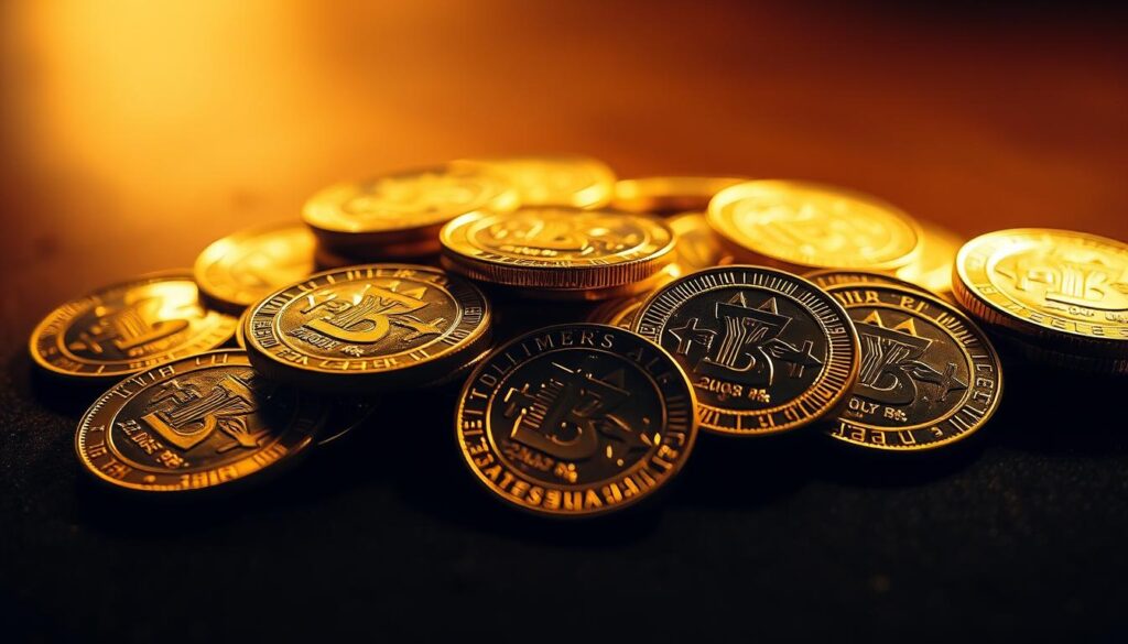 A shimmering array of gold coins, meticulously detailed, resting on a dark, luxurious surface. The coins are illuminated by a warm, directional light, casting subtle shadows that accentuate their intricate designs. In the background, a subtle gradient blends from a deep, rich brown to a lighter, more golden tone, creating a sense of depth and timelessness. The overall composition conveys the essence of gold's enduring value and the allure of precious metal investments.
