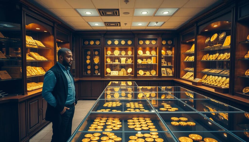 A well-lit showroom filled with glass display cases showcasing a variety of gold bullion coins. The coins reflect the warm, golden light, casting a soft glow throughout the room. The background features elegant wooden shelves and cabinets, creating a sophisticated and trustworthy atmosphere. A knowledgeable salesperson stands nearby, ready to assist customers in exploring the different types of gold coins and guiding them on the purchase process. The camera angle is slightly elevated, providing a comprehensive view of the showroom and the wide selection of gold bullion coins available for purchase.