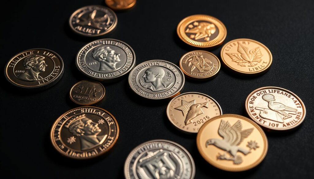 A closeup of modern commemorative coins laid out on a dark, matte surface. The coins are made of various precious metals and display intricate designs, ranging from iconic historical figures to symbols of national pride. The lighting is soft and directional, casting subtle shadows that accentuate the detailed engravings. The composition is balanced, with the coins arranged in an organized manner, allowing the viewer to closely examine their unique features. The overall mood is one of refined elegance, highlighting the craftsmanship and artistry of these modern numismatic collectibles.