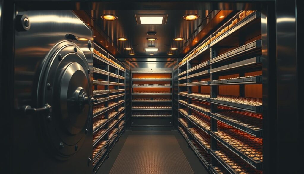 A dimly lit vault with a heavy metal door, the interior bathed in a warm amber glow from recessed lighting. Rows of reinforced steel shelves hold neatly organized trays, each containing a carefully curated collection of rare and valuable coins. The air is temperature and humidity controlled, ensuring the perfect environment for preserving these numismatic treasures. A security system with motion sensors and high-definition cameras monitors the space, while a biometric lock secures the entrance. The scene conveys a sense of exclusivity, safety, and the reverence due to such a precious hoard.