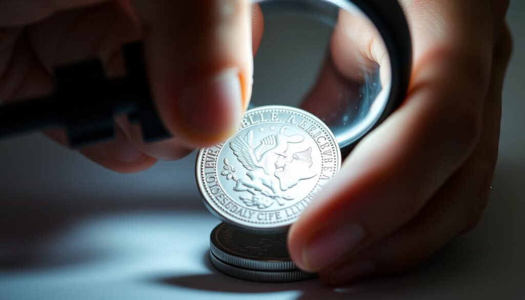 A finely detailed close-up of an expert's hands carefully examining a coin under a bright, evenly-lit magnifying glass. The coin's surface features intricate raised details and textures, showcasing its condition and grade. The background is a clean, crisp workspace with minimal distractions, allowing the focus to remain on the process of professional coin grading. The overall mood is one of precision, expertise, and the appreciation of numismatic artistry.