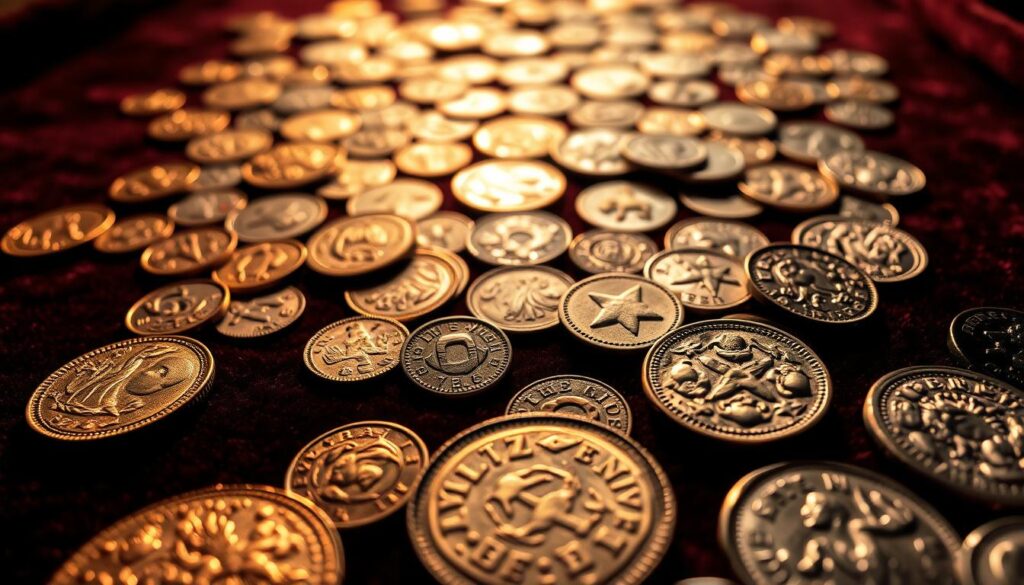 A magnificent collection of rare and valuable ancient coins, meticulously arranged on a dark, luxurious velvet surface. The coins gleam under the soft, warm lighting, revealing intricate designs and intricate textures that capture the grandeur of bygone eras. In the foreground, a selection of denarii, drachmas, and other iconic historical coins are displayed, their surfaces polished to a high sheen. In the middle ground, additional coins are arranged in a visually striking pattern, highlighting the diverse styles and origins of these numismatic treasures. The background is softly blurred, allowing the viewer to focus on the mesmerizing details of the coins themselves. The overall composition conveys a sense of reverence and scholarly appreciation for these tangible links to the past.