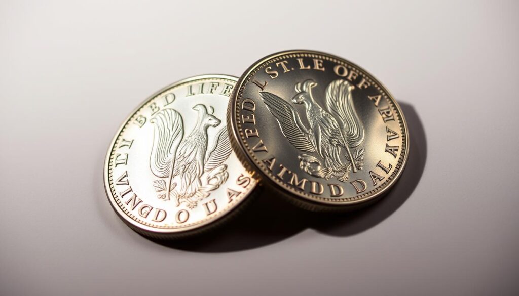 A pair of shiny silver coins, one atop the other, illuminated by soft, directional lighting. The coins exhibit clear, distinct doubling of design elements - an unmistakable hallmark of a true doubled die error. The coins are set against a muted, neutral background, allowing the details to take center stage. The lighting casts subtle shadows, emphasizing the raised and recessed areas of the design. The image is captured at a slight angle, providing depth and perspective to the viewer. The overall mood is one of precise technical examination, inviting the viewer to scrutinize the nuances that distinguish a genuine doubled die from a mere visual imitation.