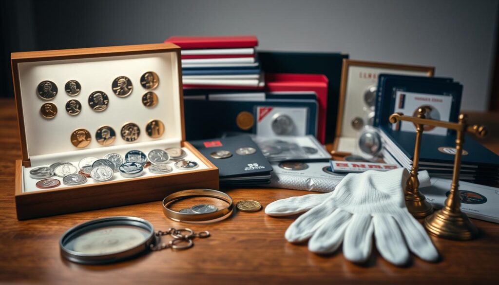 A well-lit, close-up view of various coin storage solutions arranged neatly on a wooden table. In the foreground, a soft-lit display case showcases a collection of shiny, meticulously preserved commemorative coins. Surrounding it, a variety of coin holders, folders, and protective sleeves are organized in a visually appealing manner. The middle ground features a magnifying glass, a pair of white cotton gloves, and a small, brass coin scale, hinting at the care and attention required for proper numismatic curation. The background is slightly blurred, creating a sense of depth and focus on the storage solutions. The overall mood is one of precision, professionalism, and a reverence for the collector's prized possessions.