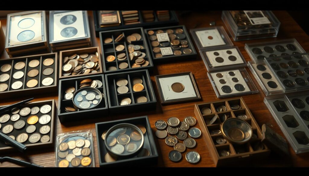 A well-organized coin collection displayed on a wooden table, with various compartmentalized trays, coin holders, and magnifying glasses arranged neatly. The lighting is soft and warm, casting a gentle glow on the meticulously sorted coins, some of which are antique and rare. The scene conveys a sense of order, precision, and the collector's passion for their numismatic treasures. The camera angle is slightly elevated, capturing the entire setup in a balanced composition that emphasizes the symmetry and attention to detail.