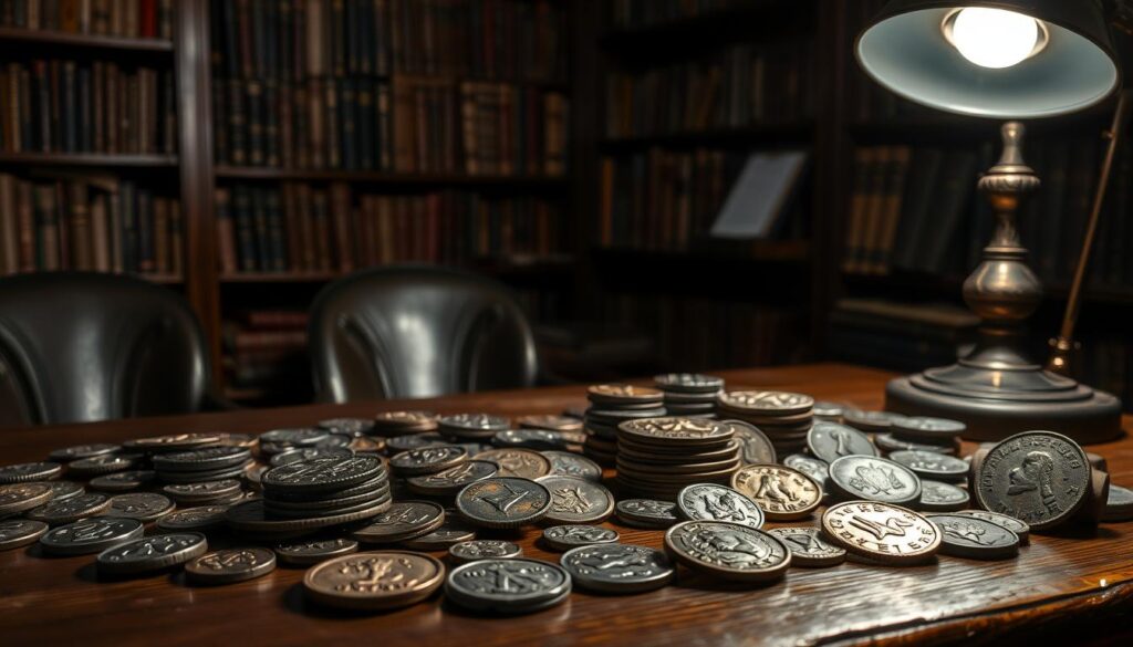 An expertly curated collection of ancient coins, each a testament to the rich history they embody. A wooden table in a dimly lit study, the coins displayed with care, their worn surfaces catching the soft glow of a desk lamp. In the background, bookshelves filled with tomes, hinting at the scholarly pursuit of this passion. The arrangement is meticulous, each coin positioned to showcase its unique design and craftsmanship, inviting the viewer to step back in time and uncover the stories these relics hold.